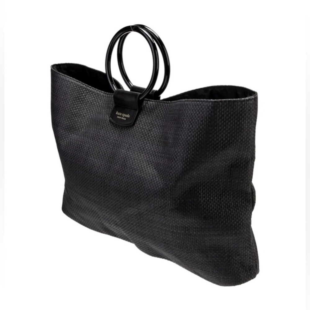 EUC - Kate Spade ♠️ New York Black Raffia Large Tote Bag With Ring Handles - Picture 3 of 13